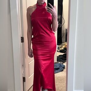 Halter Neck Red Satin Maxi Dress